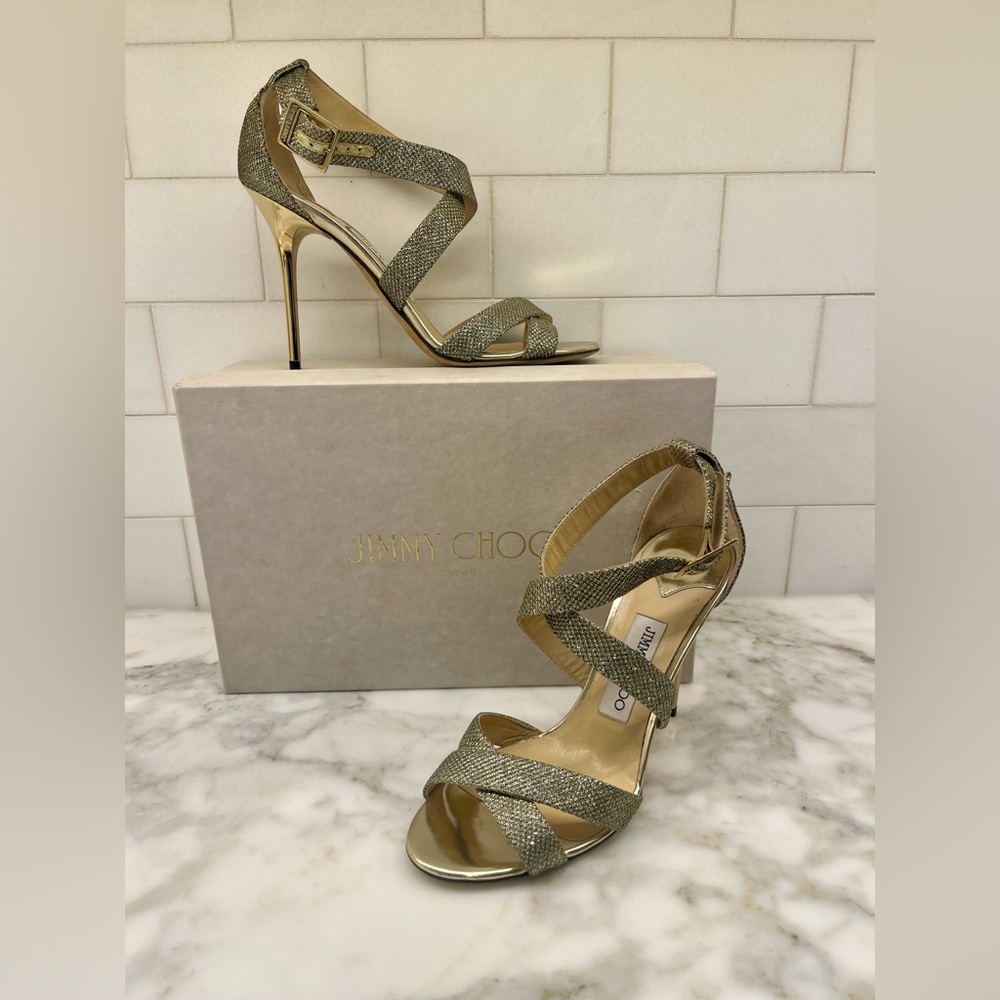 JIMMY CHOO light bronze glitter strappy sandals -size 9, warn 1 time!
